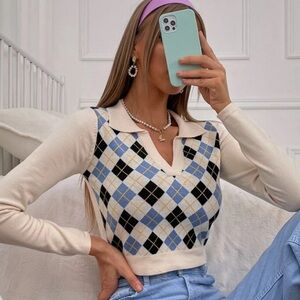 SHEIN Qutie Argyle Pattern Crop Sweater